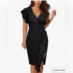 Women's Deep-V Neck Ruffle Sleeves Cocktail Party Pencil Slit Formal Dress 🖤 🩷